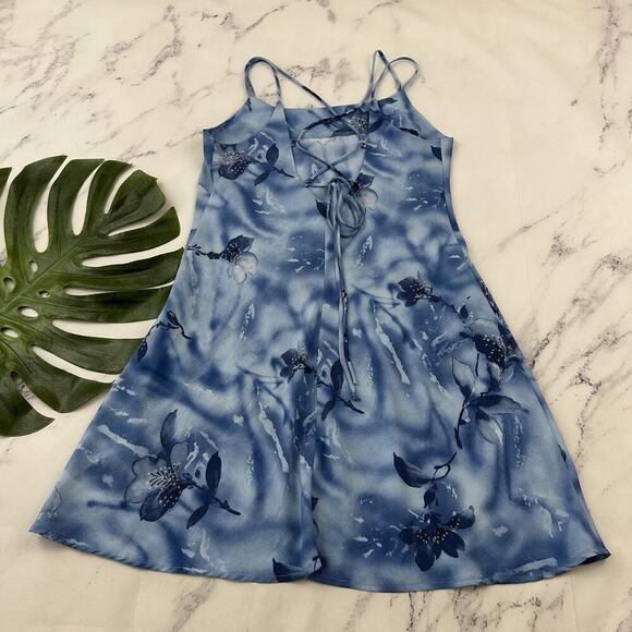 DBY Womens Vintage Y2k Mini Slip Dress Size 12 P Blue Floral Lace Up Back - Picture 6 of 9